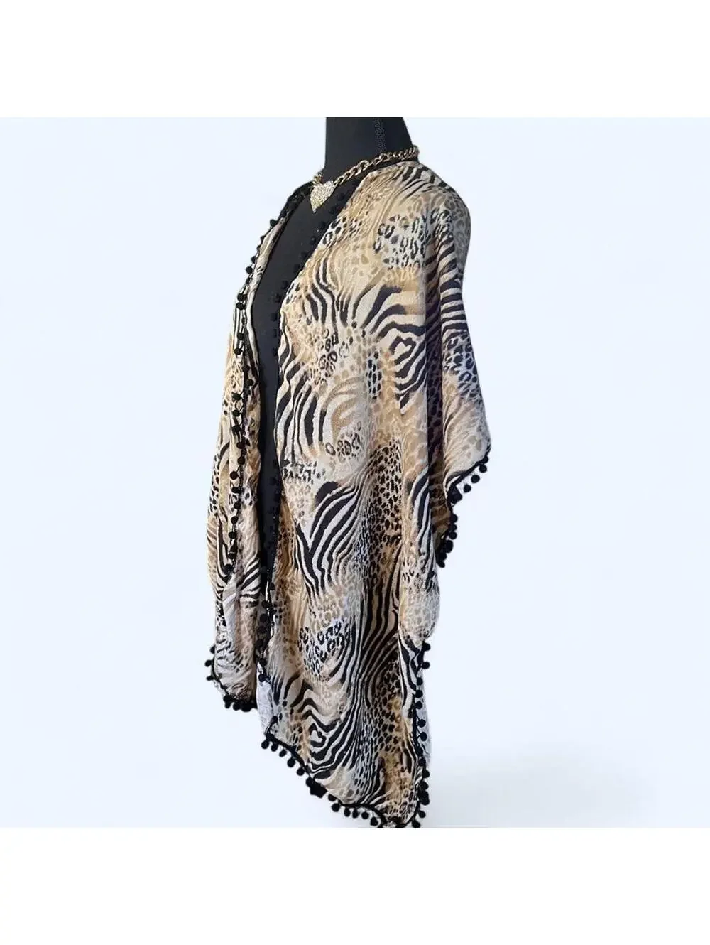 Vintage Y2K Print Zebra Leopard Pom Pom Shawl Wrap Kimono Cover Up One Size 🤎
